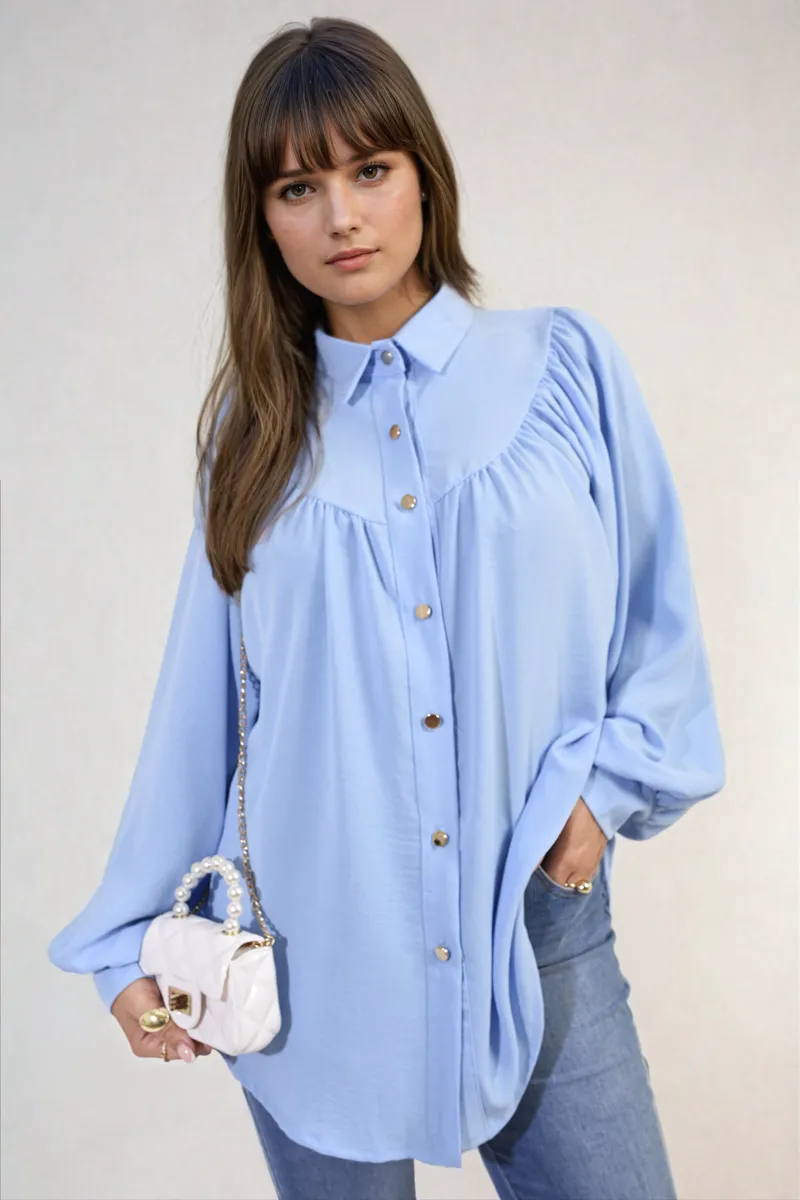 Aiza High Neckline Button Front Balloon Sleeve Top