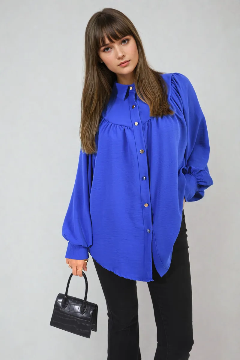 Aiza High Neckline Button Front Balloon Sleeve Top