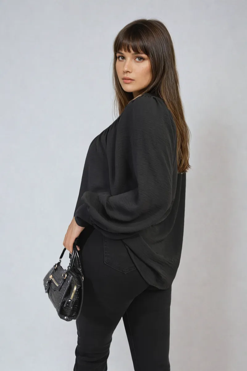 Aiza High Neckline Button Front Balloon Sleeve Top