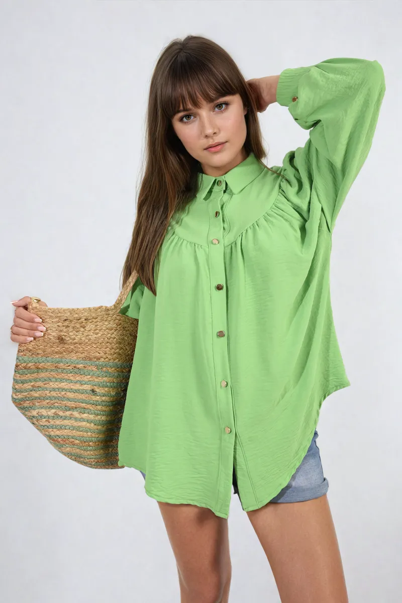 Aiza High Neckline Button Front Balloon Sleeve Top