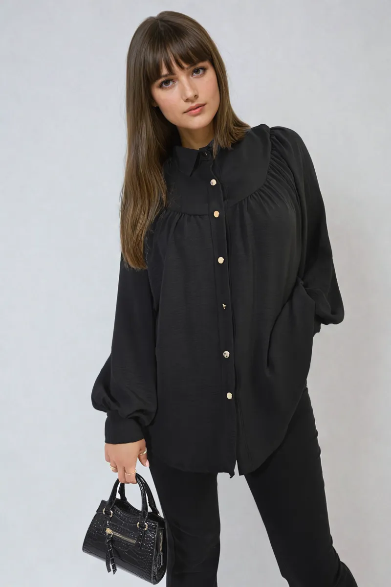 Aiza High Neckline Button Front Balloon Sleeve Top