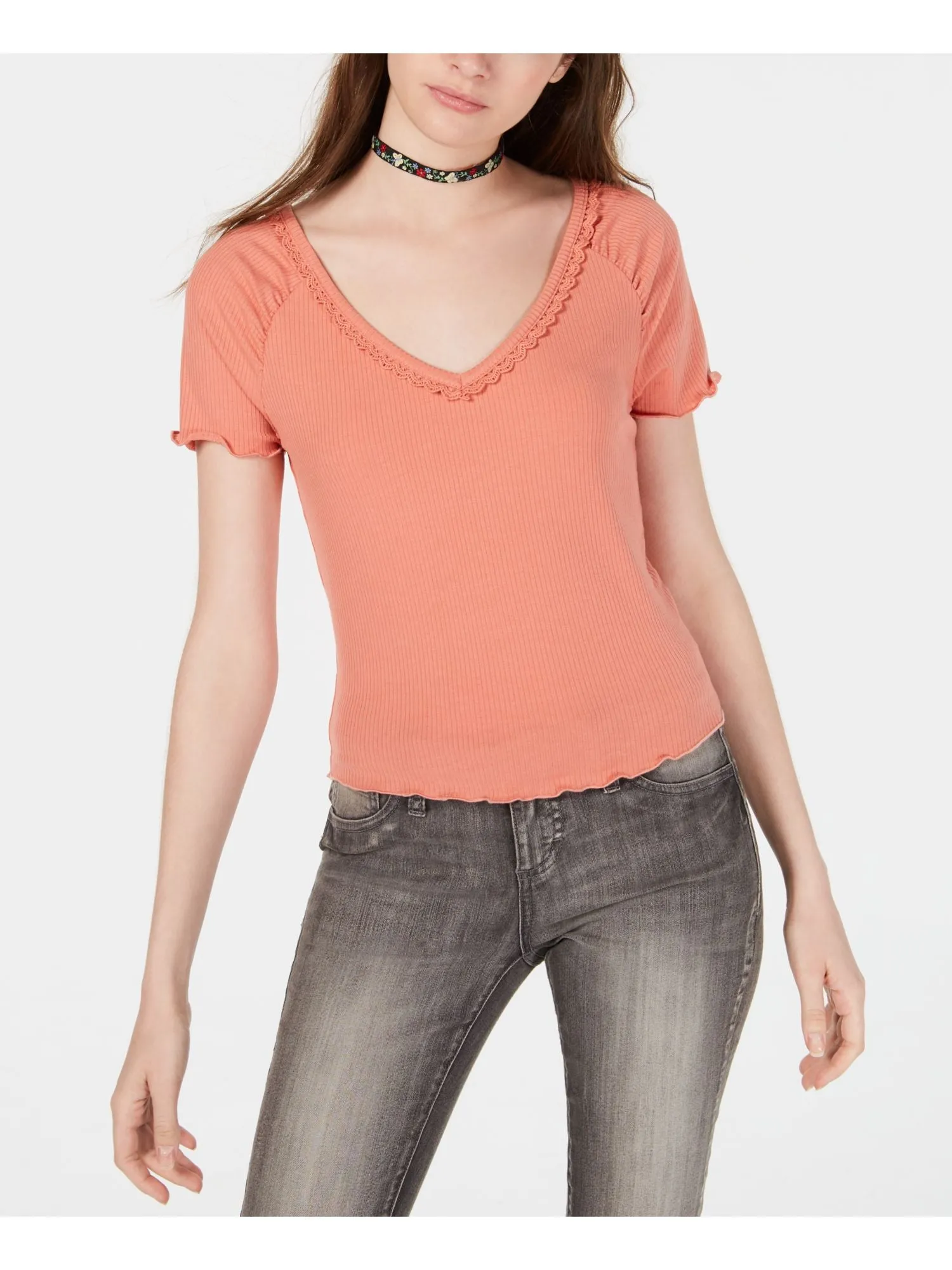 AMERICAN RAG Womens Fitted  Tie-back Short Sleeve V Neck Crop Top