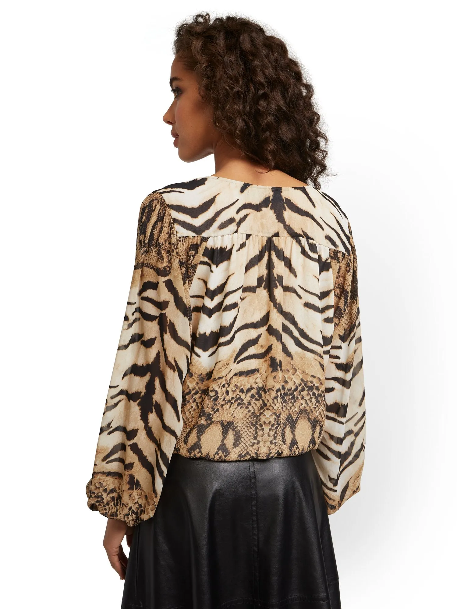 Animal-Print V-Neck Balloon-Sleeve Blouse