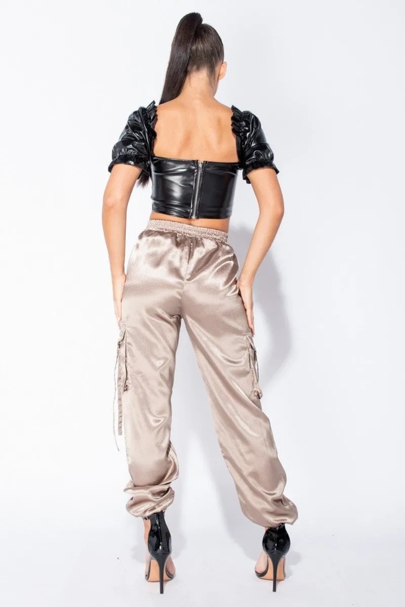 Black Puff Sleeve Faux Leather Zipper Back Bustier Crop Top
