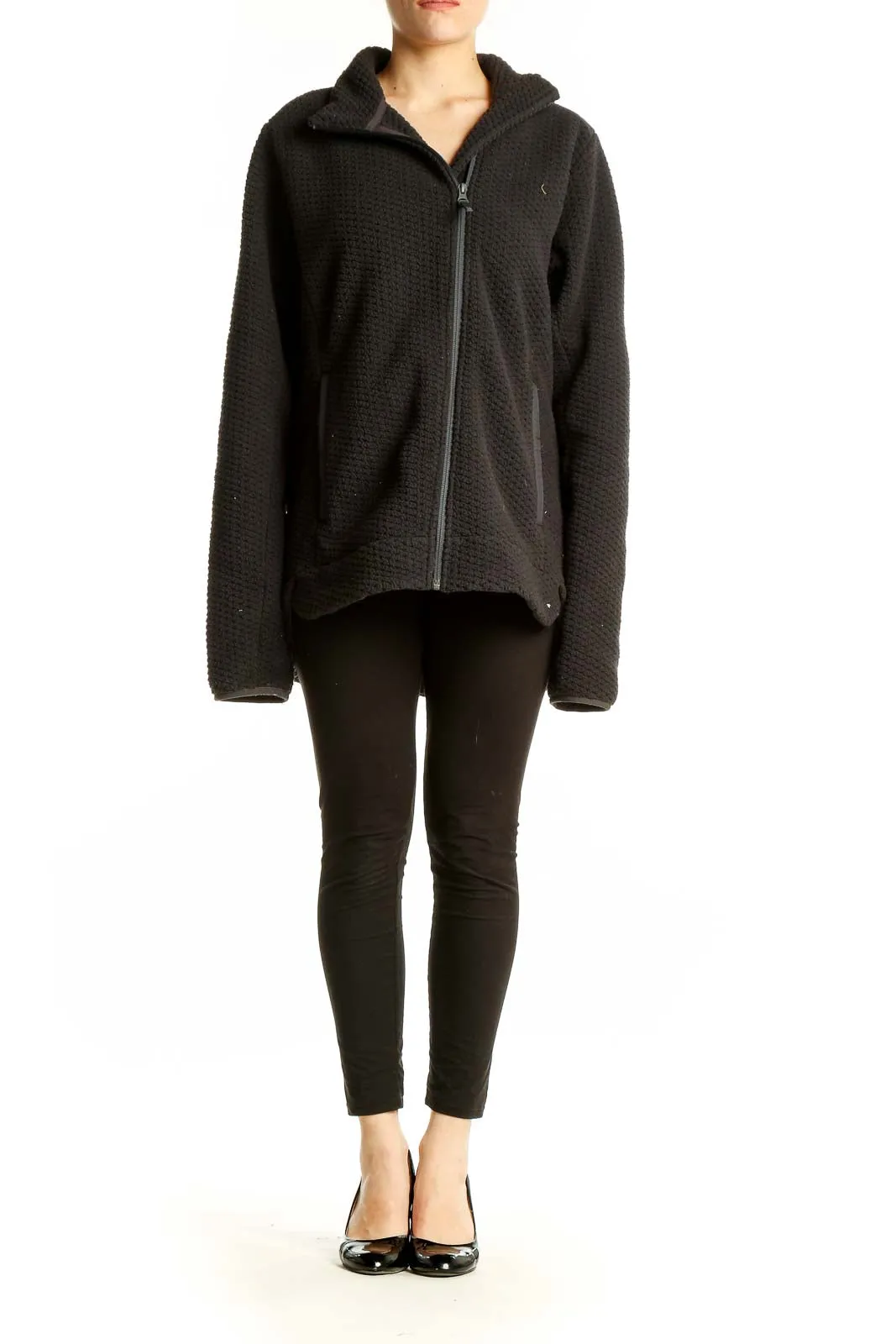 Black Textured Zip-Up Hooded Jacket
