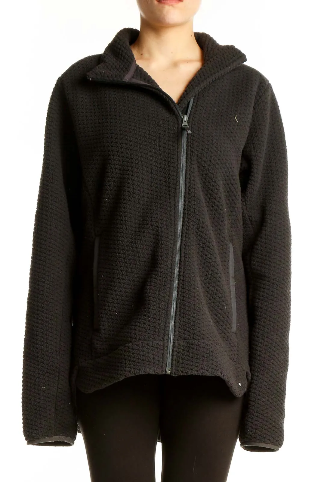 Black Textured Zip-Up Hooded Jacket
