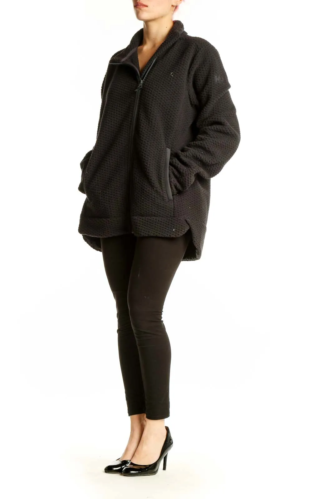 Black Textured Zip-Up Hooded Jacket