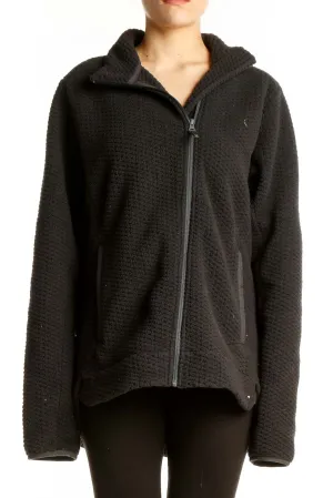 Black Textured Zip-Up Hooded Jacket