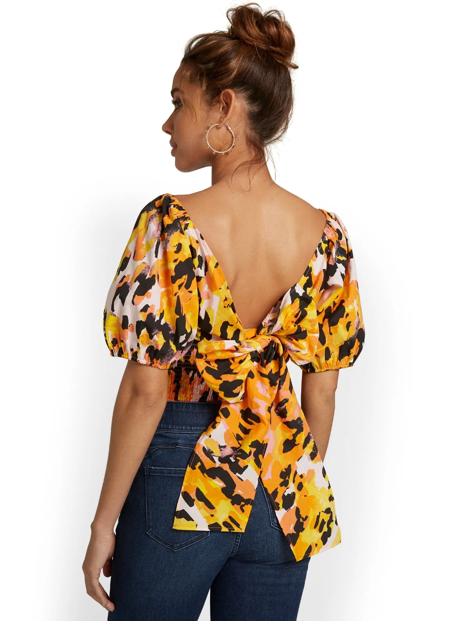 Bow-Back Cut-Out Poplin Crop Top - Cheetah-Print