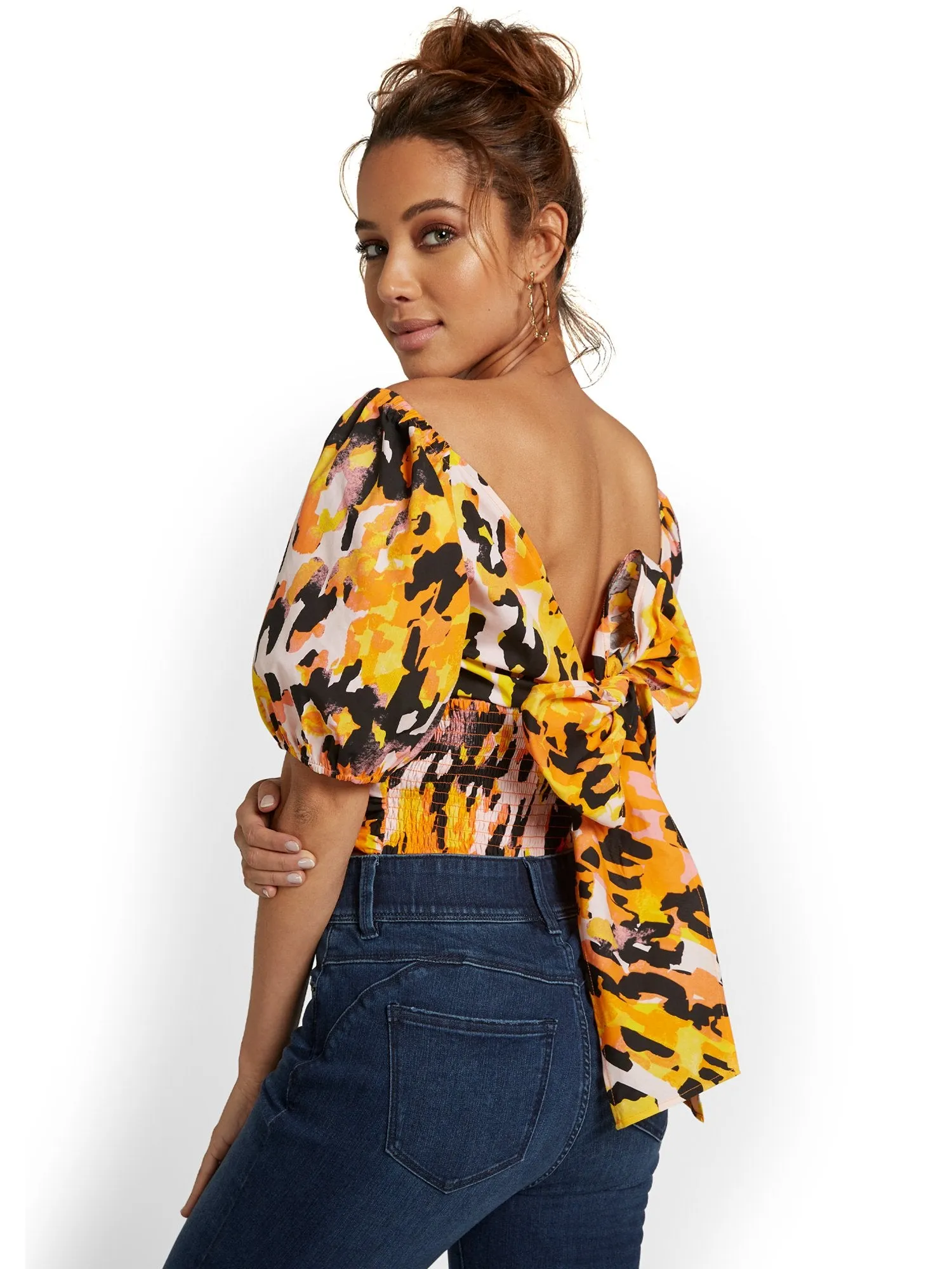 Bow-Back Cut-Out Poplin Crop Top - Cheetah-Print
