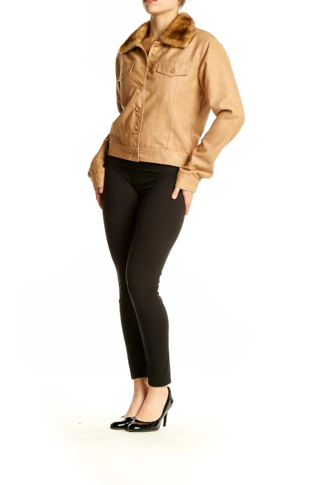 Camel Faux Fur Collar Polyester Jacket
