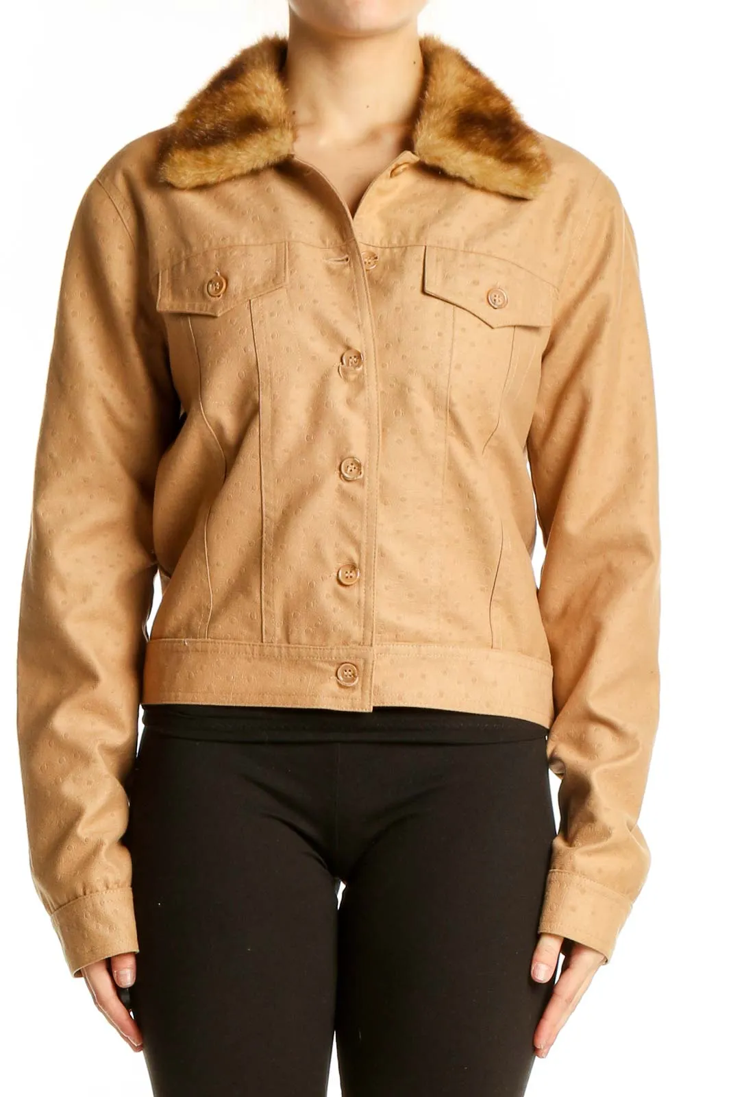 Camel Faux Fur Collar Polyester Jacket
