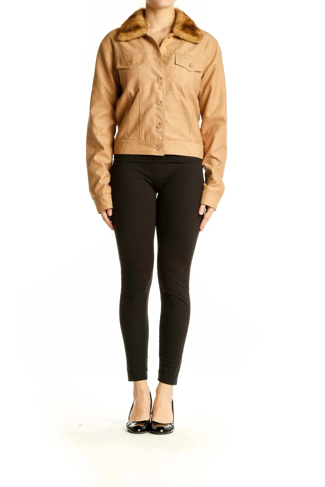 Camel Faux Fur Collar Polyester Jacket