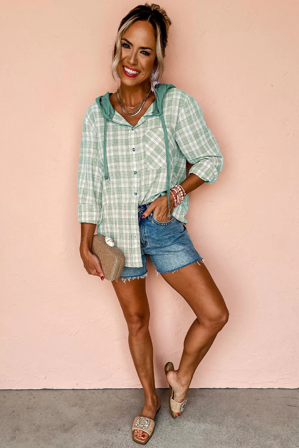 Checkered Print Loose Fit Buttoned Hooded Shacket