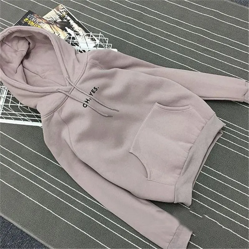 Fsdhion Autumn Winter Fleece Oh Yes Letter Harajuku Print Pullover Thick Loose Women Hoodies Sweatshirts Female Casual Coat (US 12-18W)