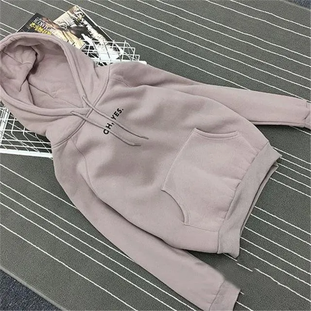 Fsdhion Autumn Winter Fleece Oh Yes Letter Harajuku Print Pullover Thick Loose Women Hoodies Sweatshirts Female Casual Coat (US 12-18W)