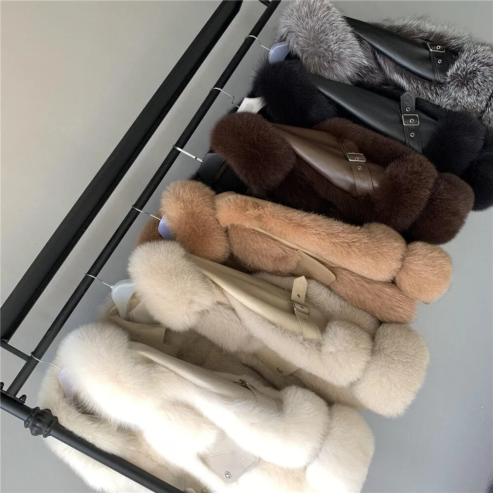 Genuine Sheepskin Leather Jackets With Fox Fur Winter Thick Warm Fashion Lady Coats Overcoats Luxury Big Fur Coat