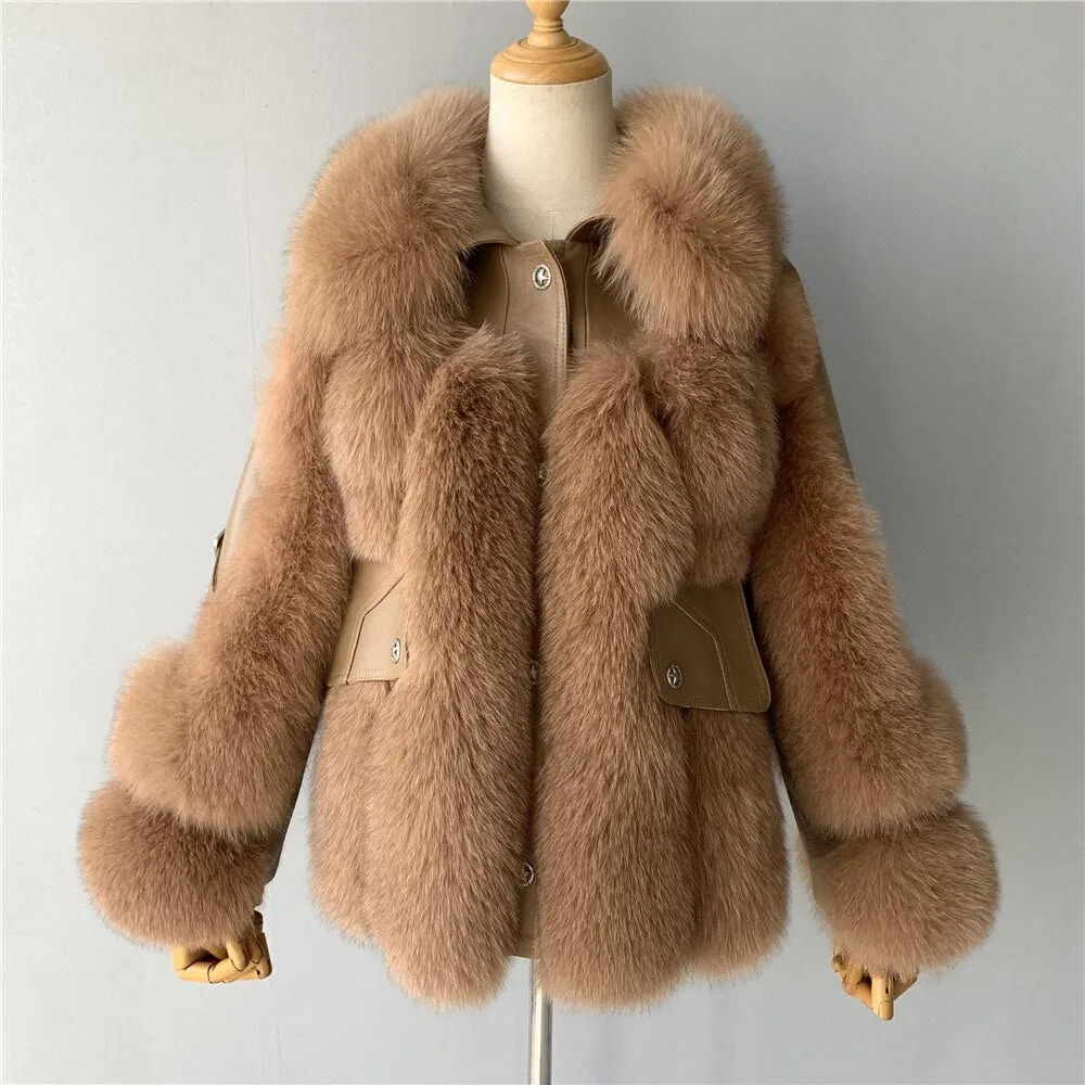 Genuine Sheepskin Leather Jackets With Fox Fur Winter Thick Warm Fashion Lady Coats Overcoats Luxury Big Fur Coat