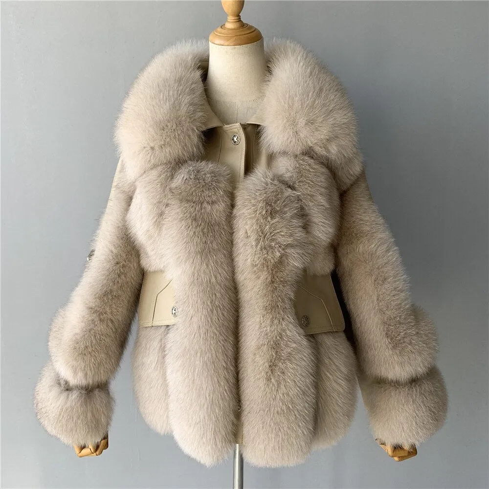 Genuine Sheepskin Leather Jackets With Fox Fur Winter Thick Warm Fashion Lady Coats Overcoats Luxury Big Fur Coat