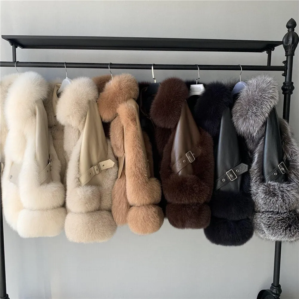 Genuine Sheepskin Leather Jackets With Fox Fur Winter Thick Warm Fashion Lady Coats Overcoats Luxury Big Fur Coat