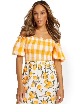 Gingham Off-The-Shoulder Smocked Top