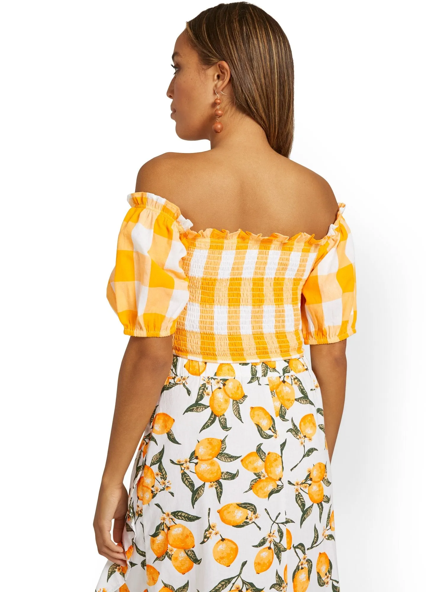 Gingham Off-The-Shoulder Smocked Top