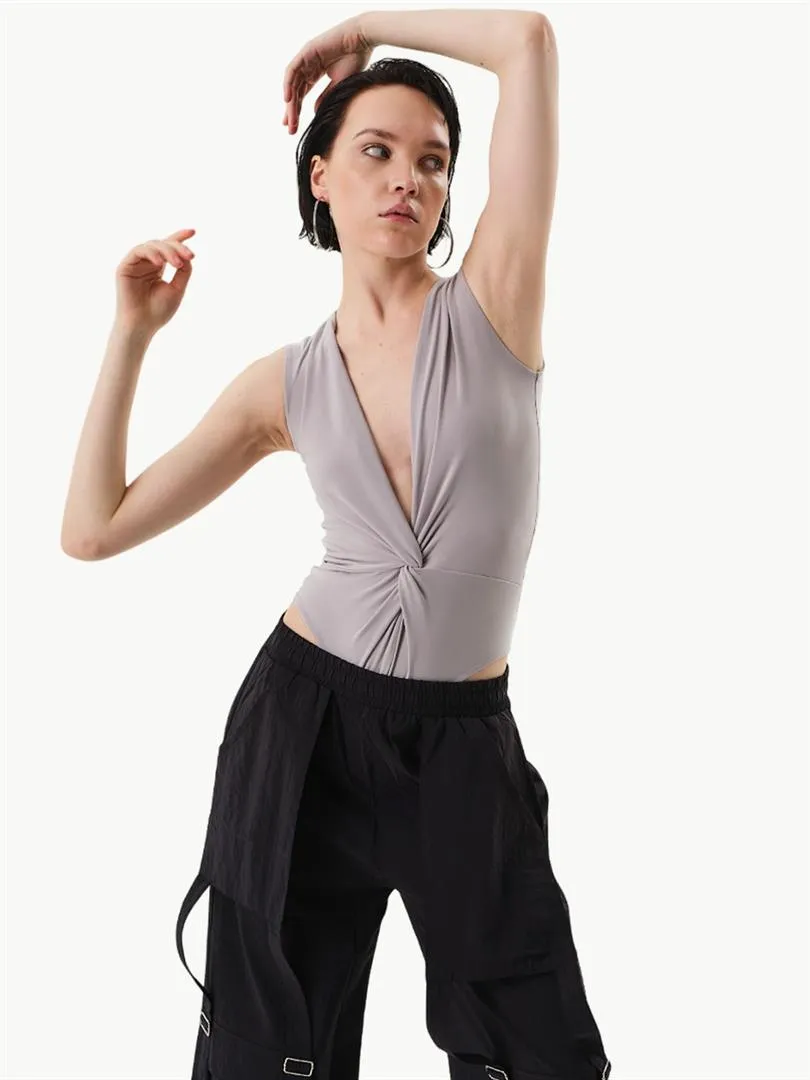 Iconic Sleeveless Bodysuit with Twist Detail on the Front - Grey