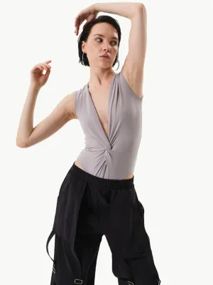 Iconic Sleeveless Bodysuit with Twist Detail on the Front - Grey