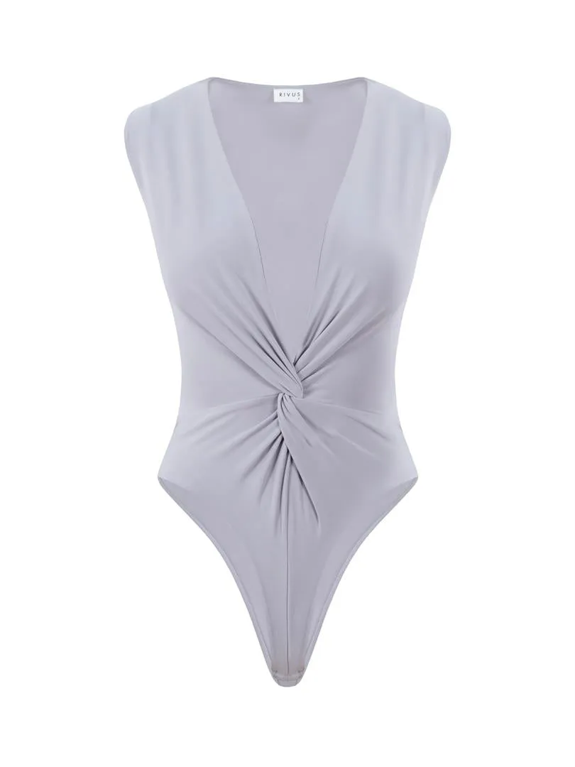 Iconic Sleeveless Bodysuit with Twist Detail on the Front - Grey