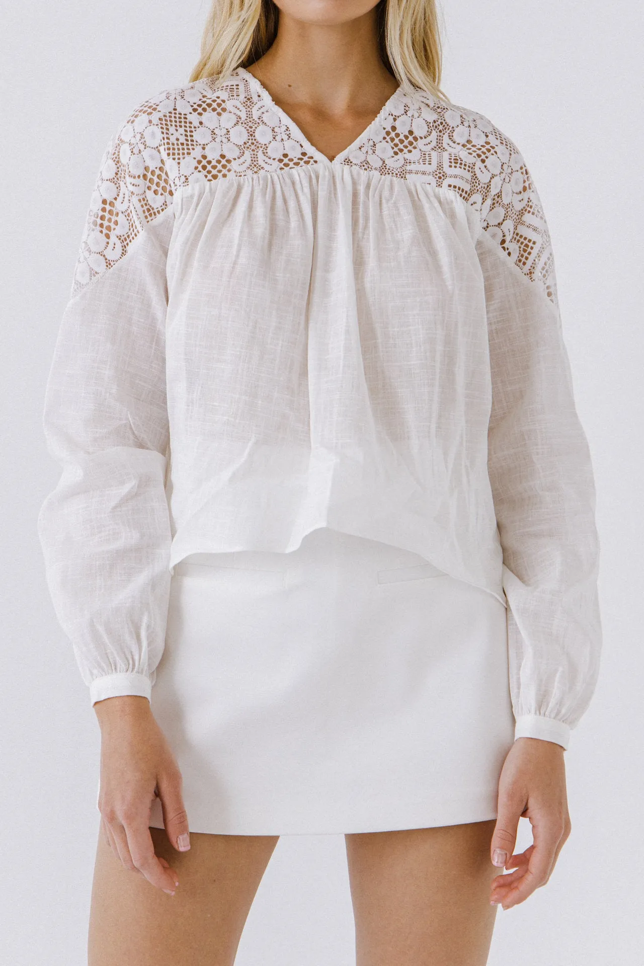 Lace Yoke With Long Sleeve Blouse