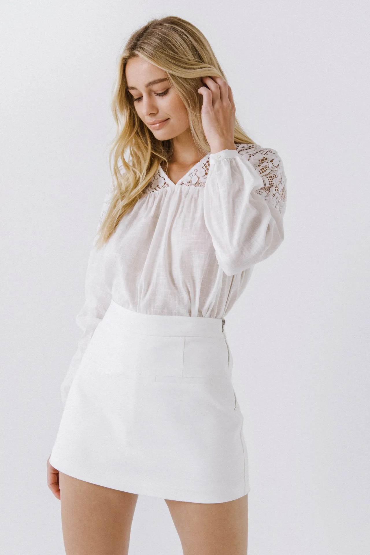 Lace Yoke With Long Sleeve Blouse
