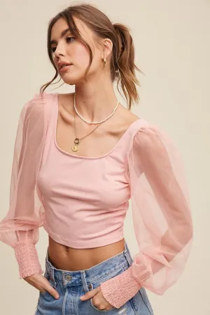 Listicle Puffy Mesh Sleeve Knit Crop Top