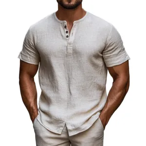 Men's Casual Linen Henley Collar Loose Short Sleeve Shirt 06475085M
