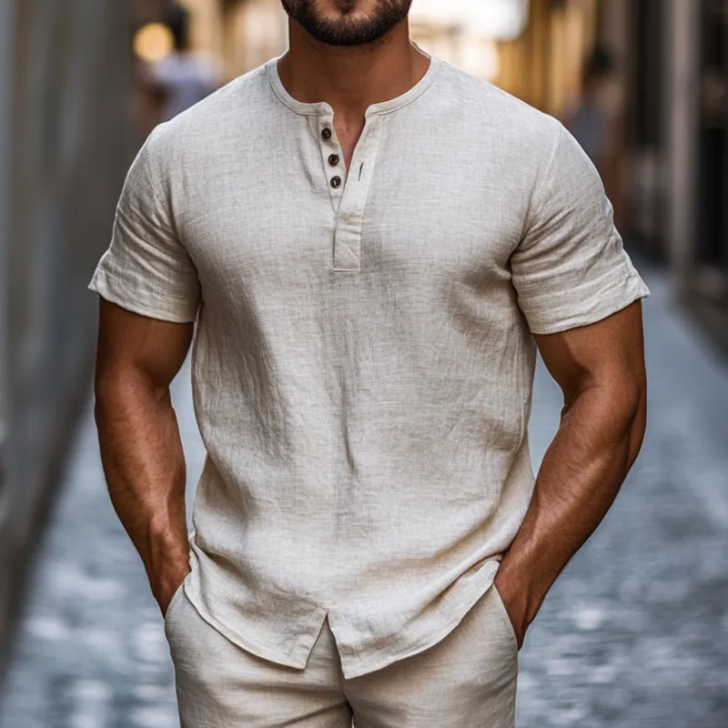 Men's Casual Linen Henley Collar Loose Short Sleeve Shirt 06475085M