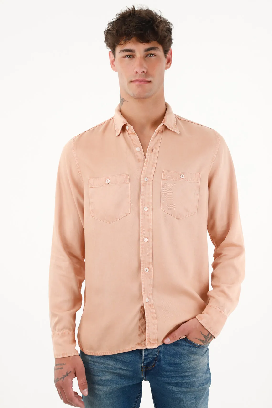 Men's Pink Long Sleeve Shirt with Overdyed Tint
