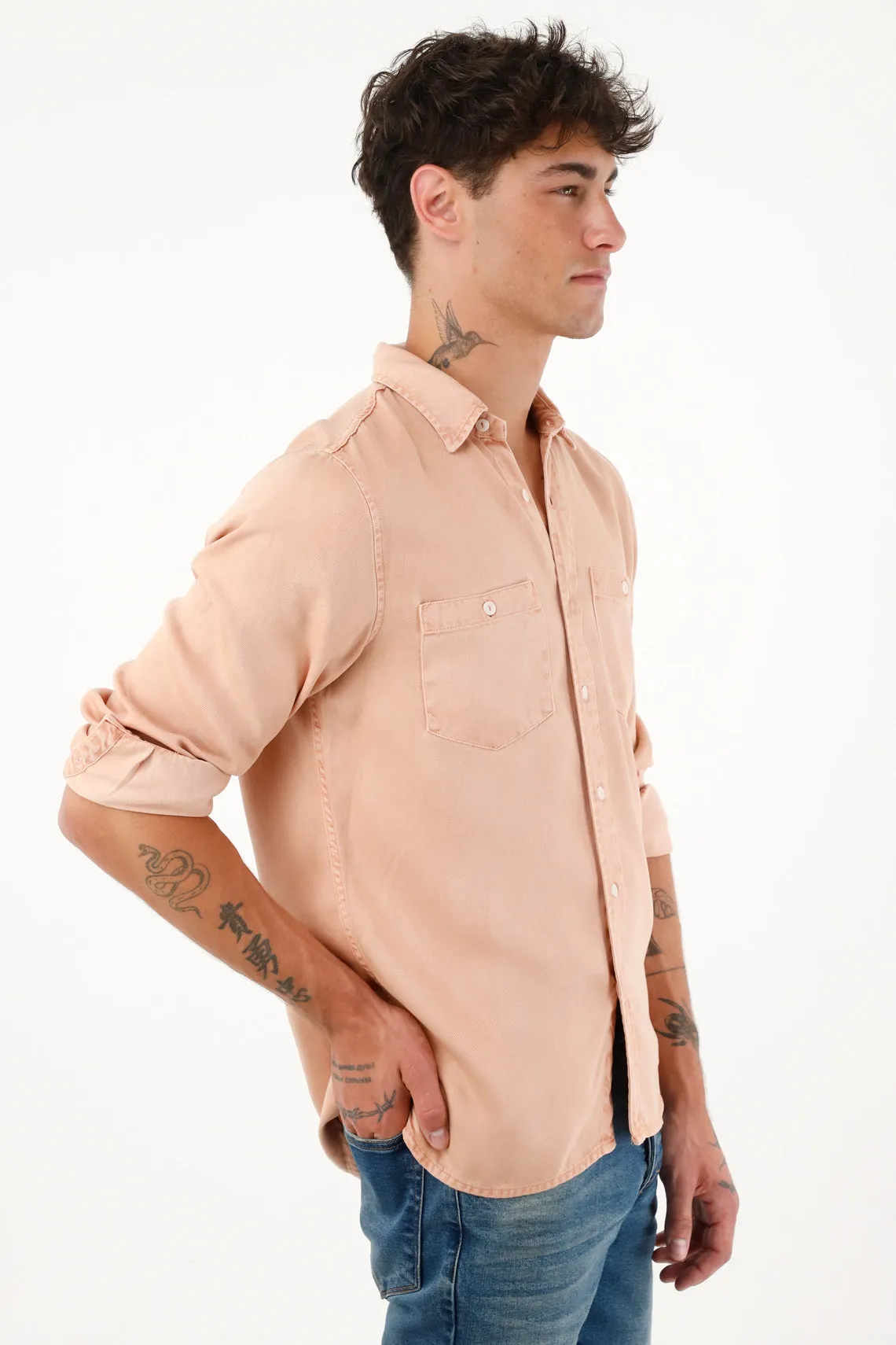 Men's Pink Long Sleeve Shirt with Overdyed Tint