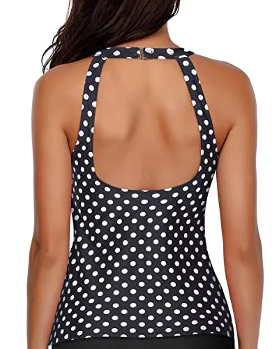 Modest Bathing Suit High Neck Tankini Top For Women-Black Dot