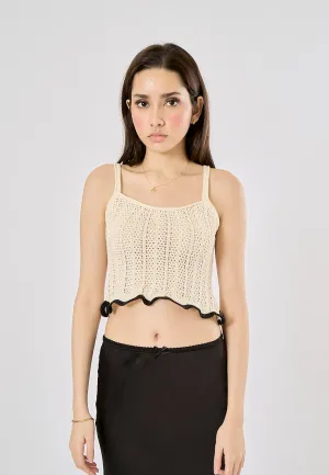 Nako Beige With Black Lining Spaghetti Strap Knitted Crop Top