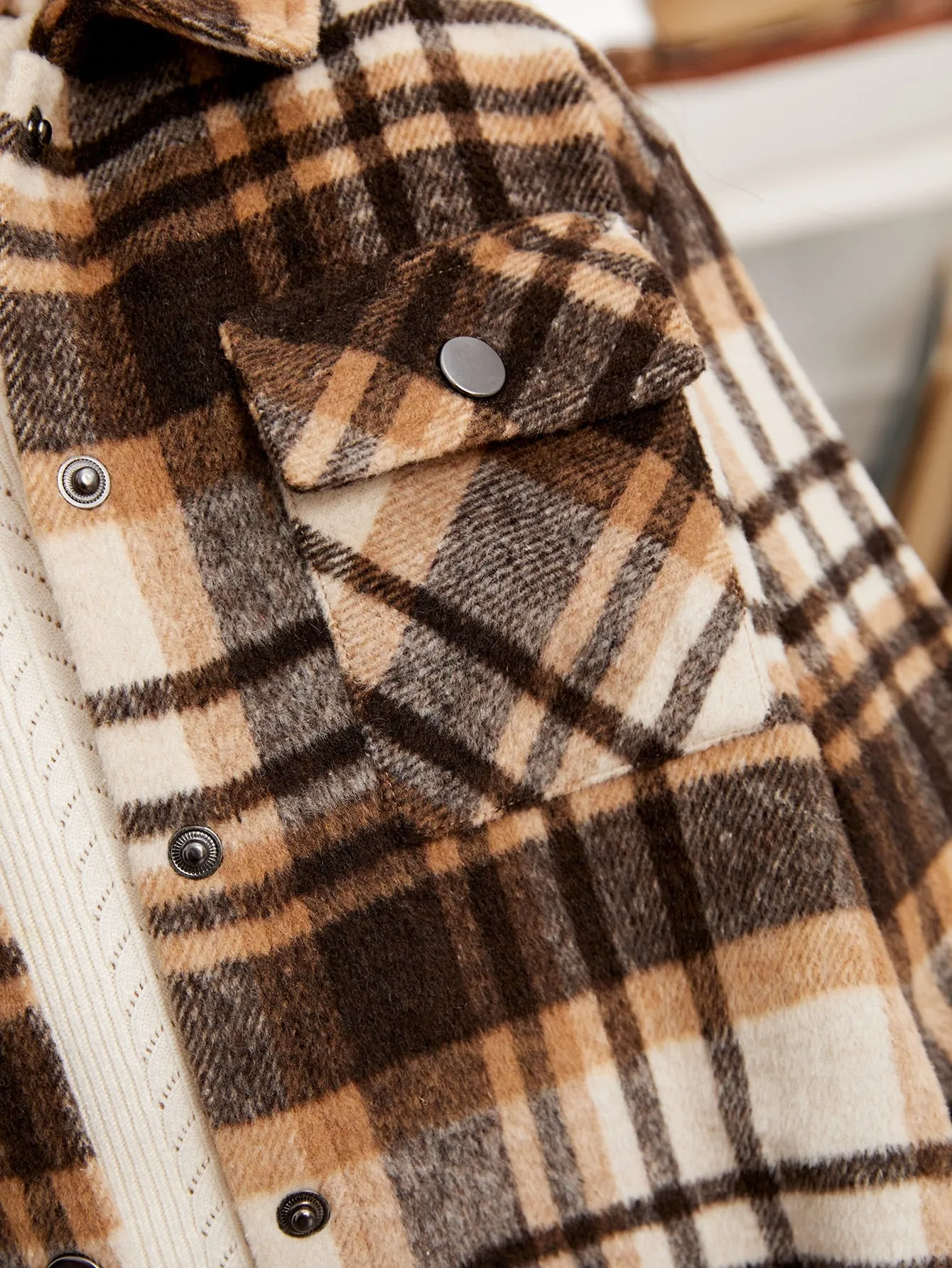 Plaid Flap Pocket Drop Shoulder Overcoat