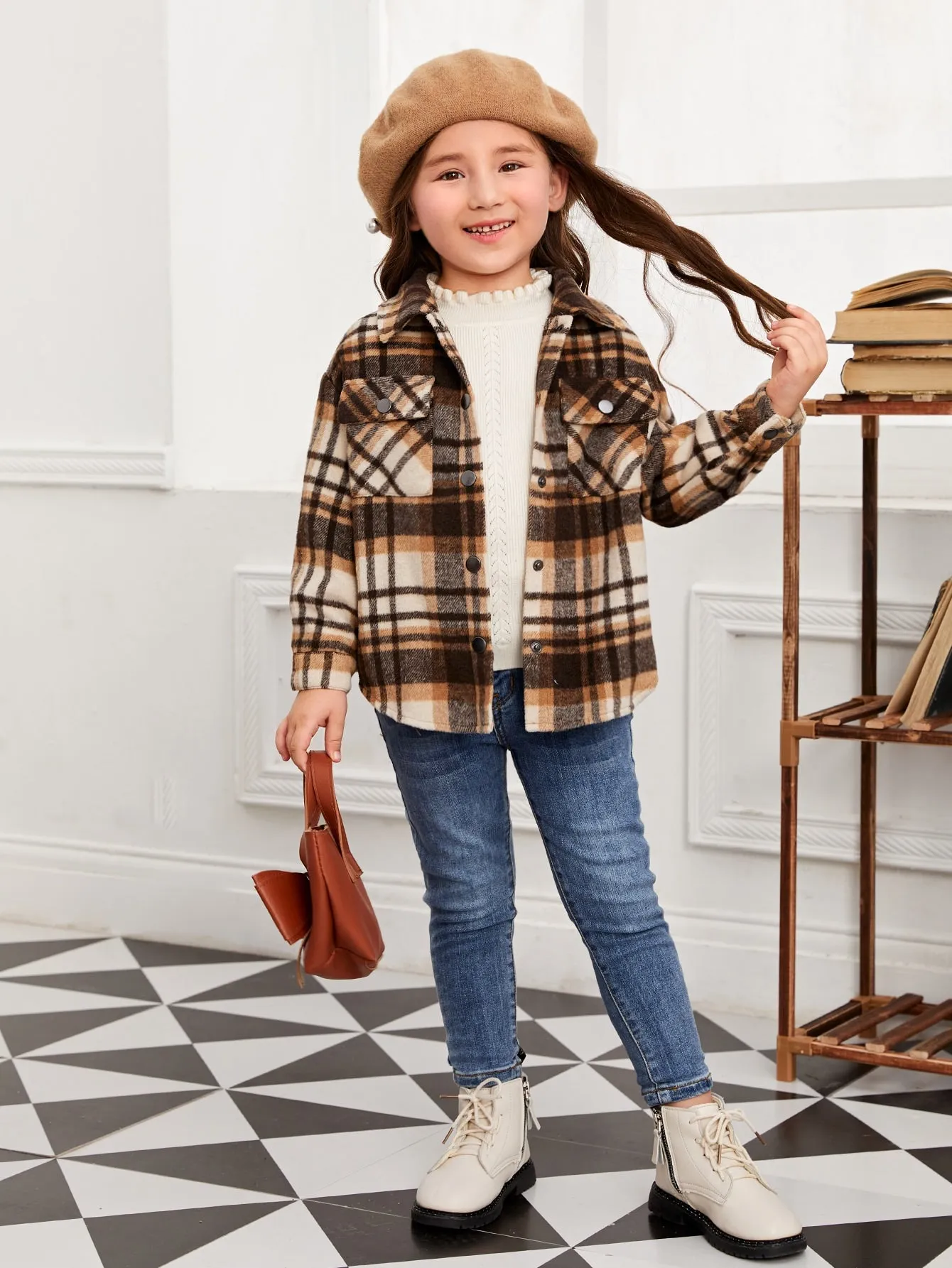 Plaid Flap Pocket Drop Shoulder Overcoat