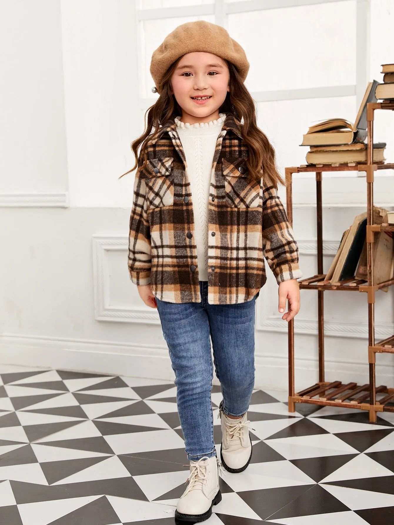 Plaid Flap Pocket Drop Shoulder Overcoat
