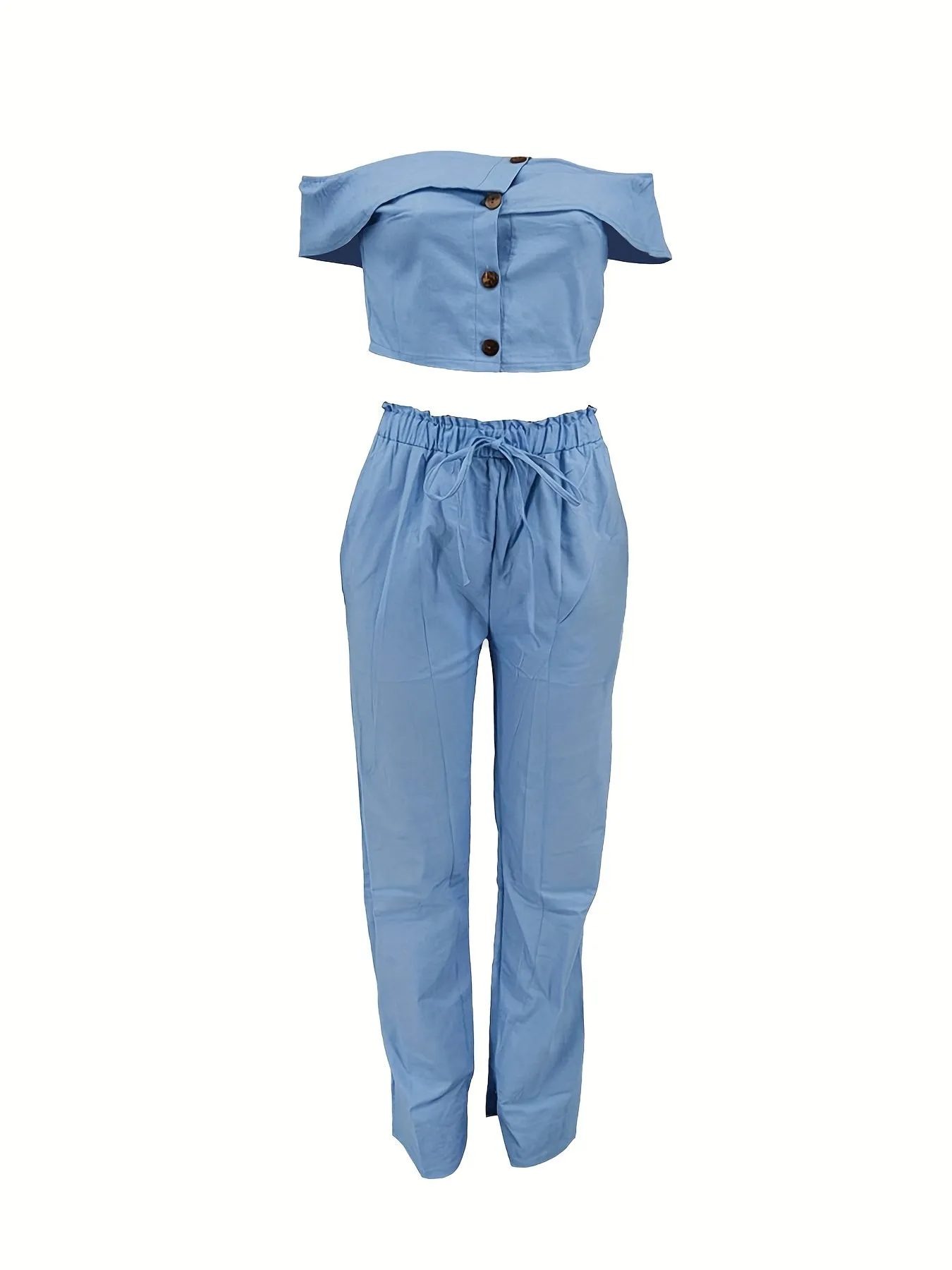 Ruffle Trim Off Shoulder Crop Drawstring Two Piece Pants Set