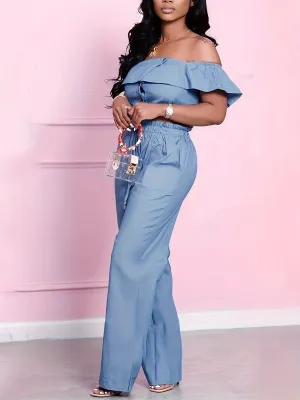 Ruffle Trim Off Shoulder Crop Drawstring Two Piece Pants Set