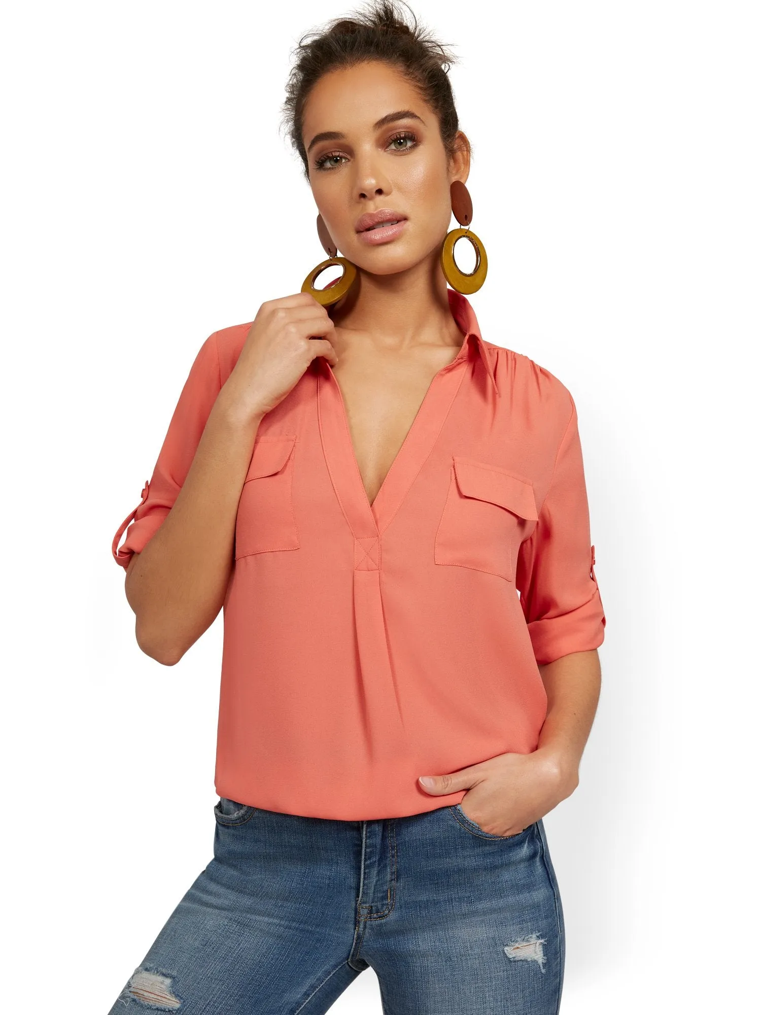 Tall Split-Neck Double Pocket Top