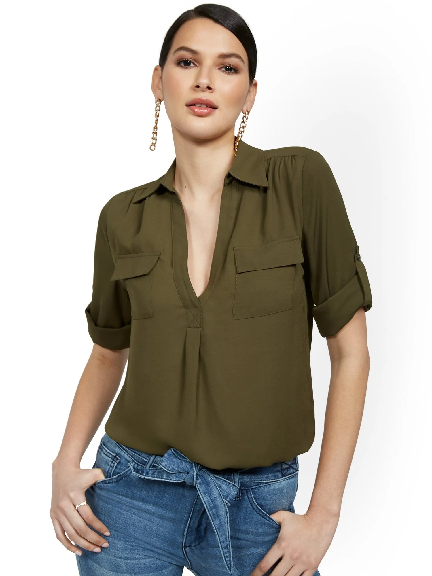 Tall Split-Neck Double Pocket Top