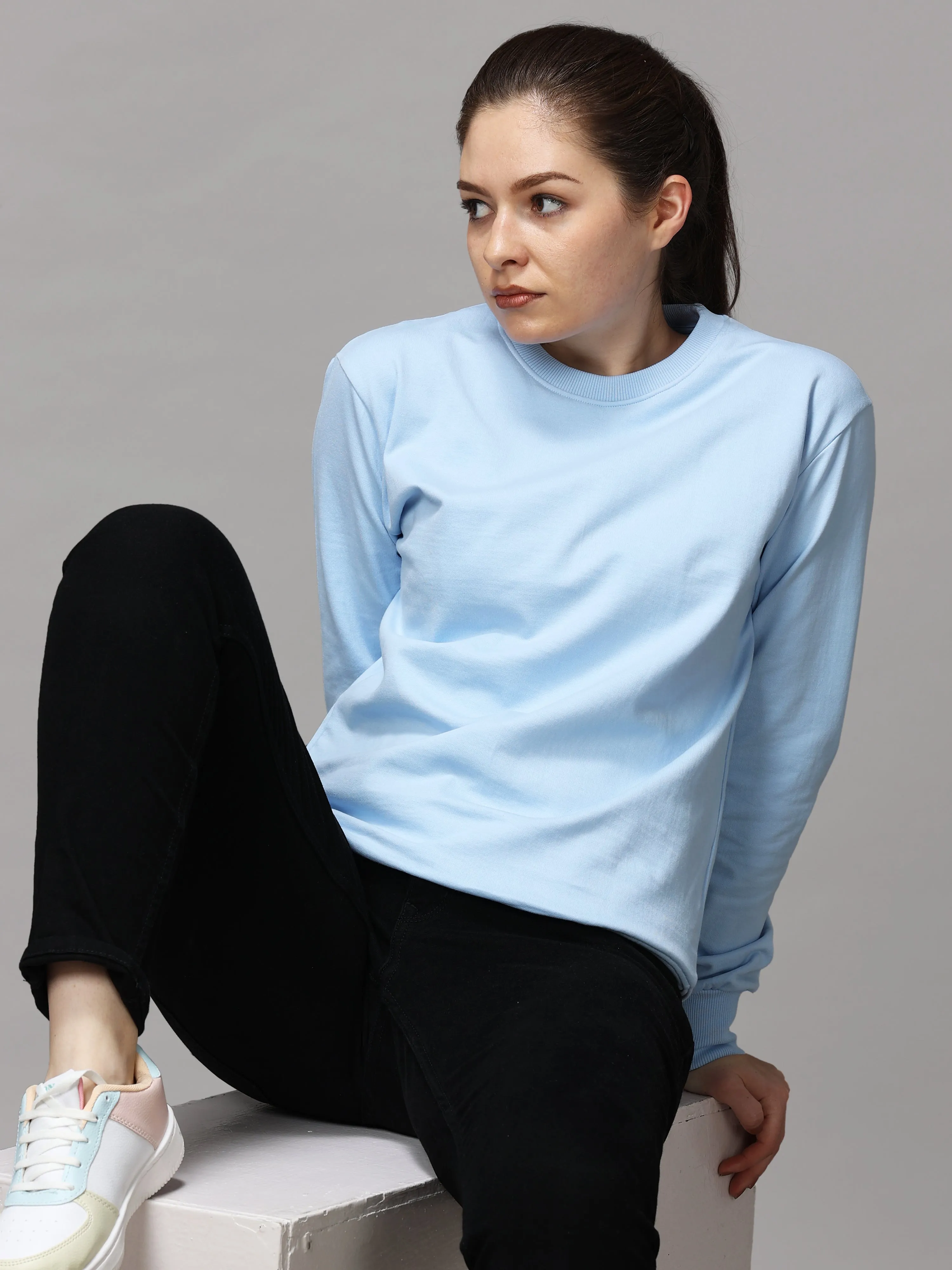 The Greenage Girl Solid Long Sky Sweat Shirt