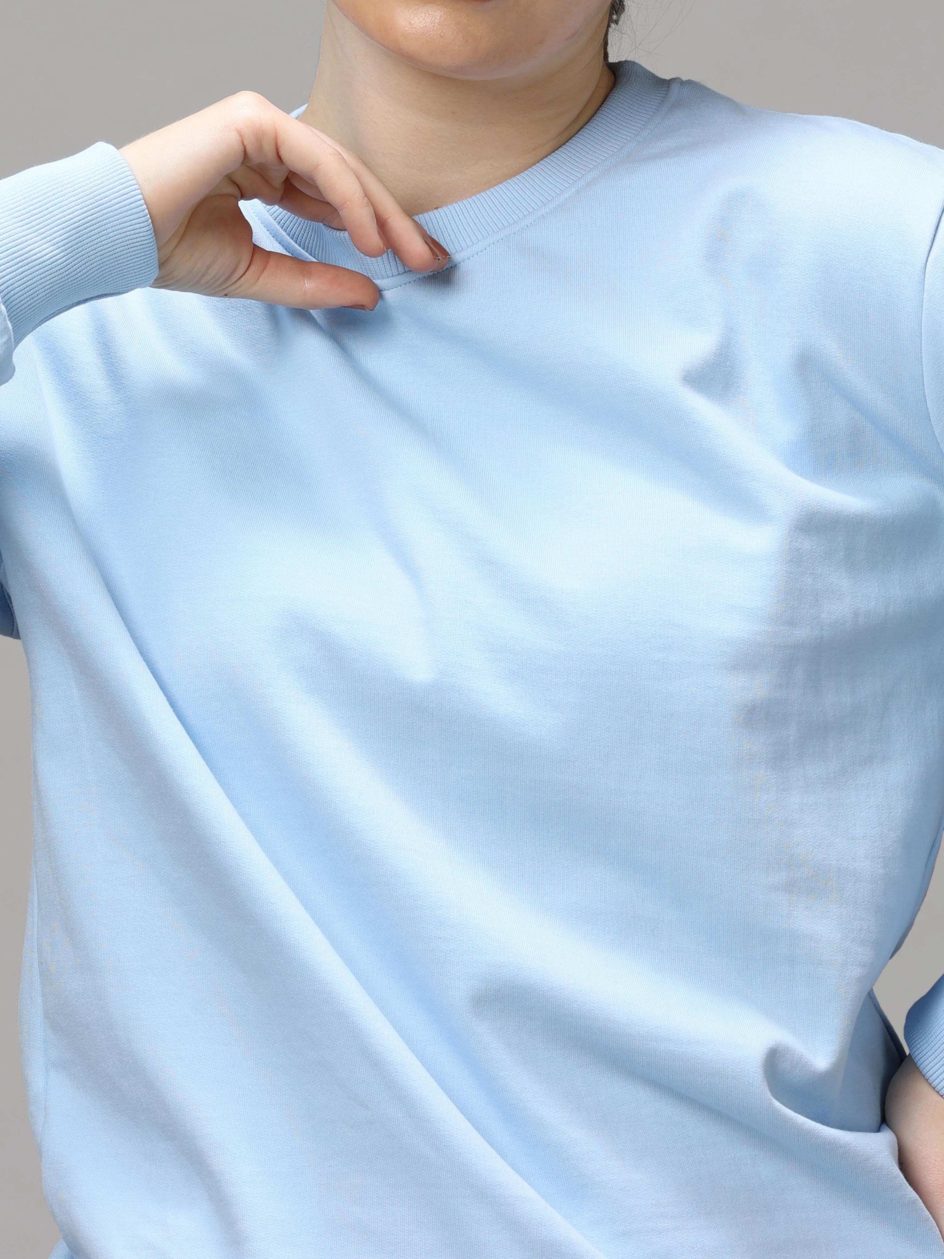 The Greenage Girl Solid Long Sky Sweat Shirt
