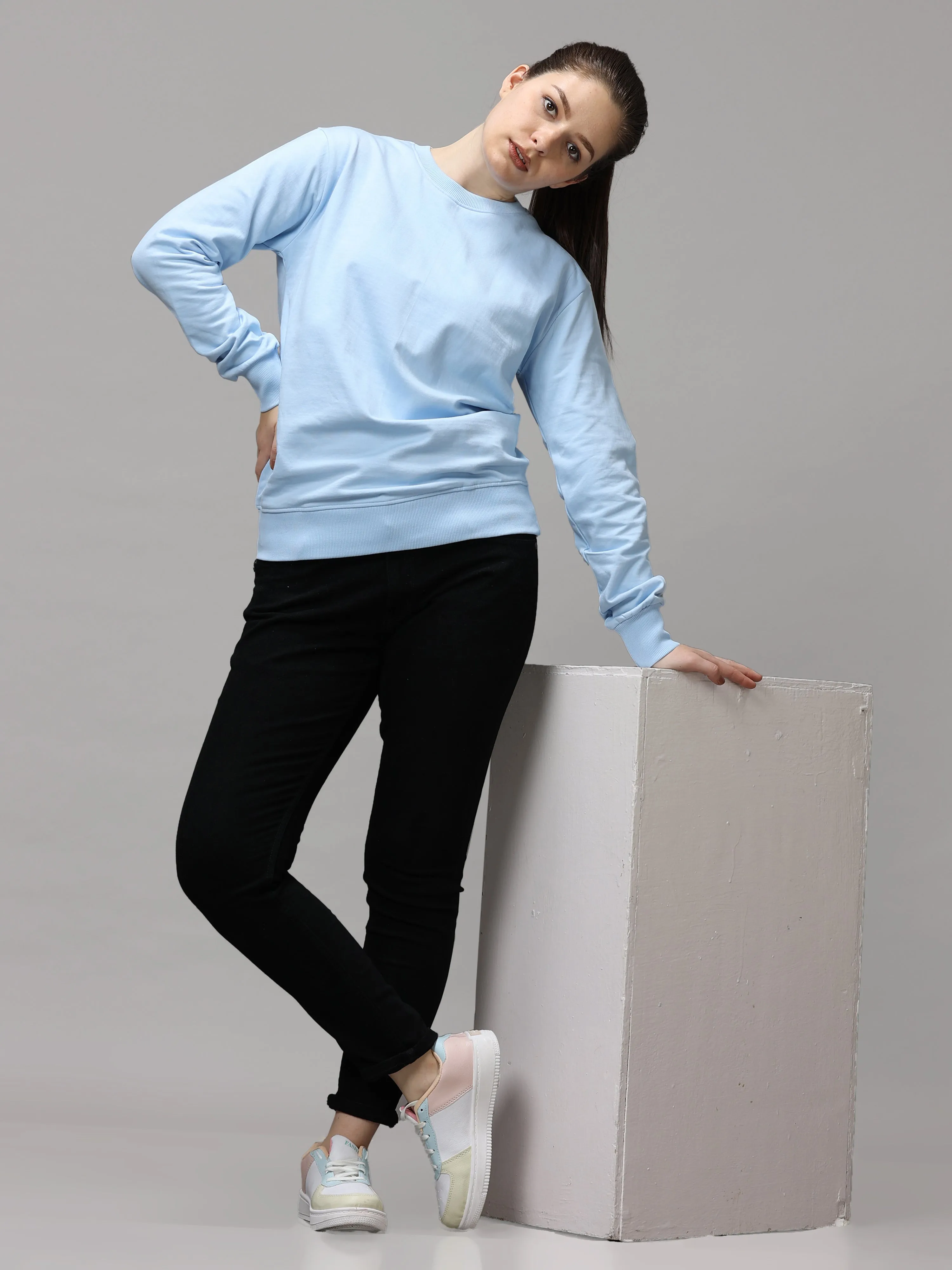 The Greenage Girl Solid Long Sky Sweat Shirt