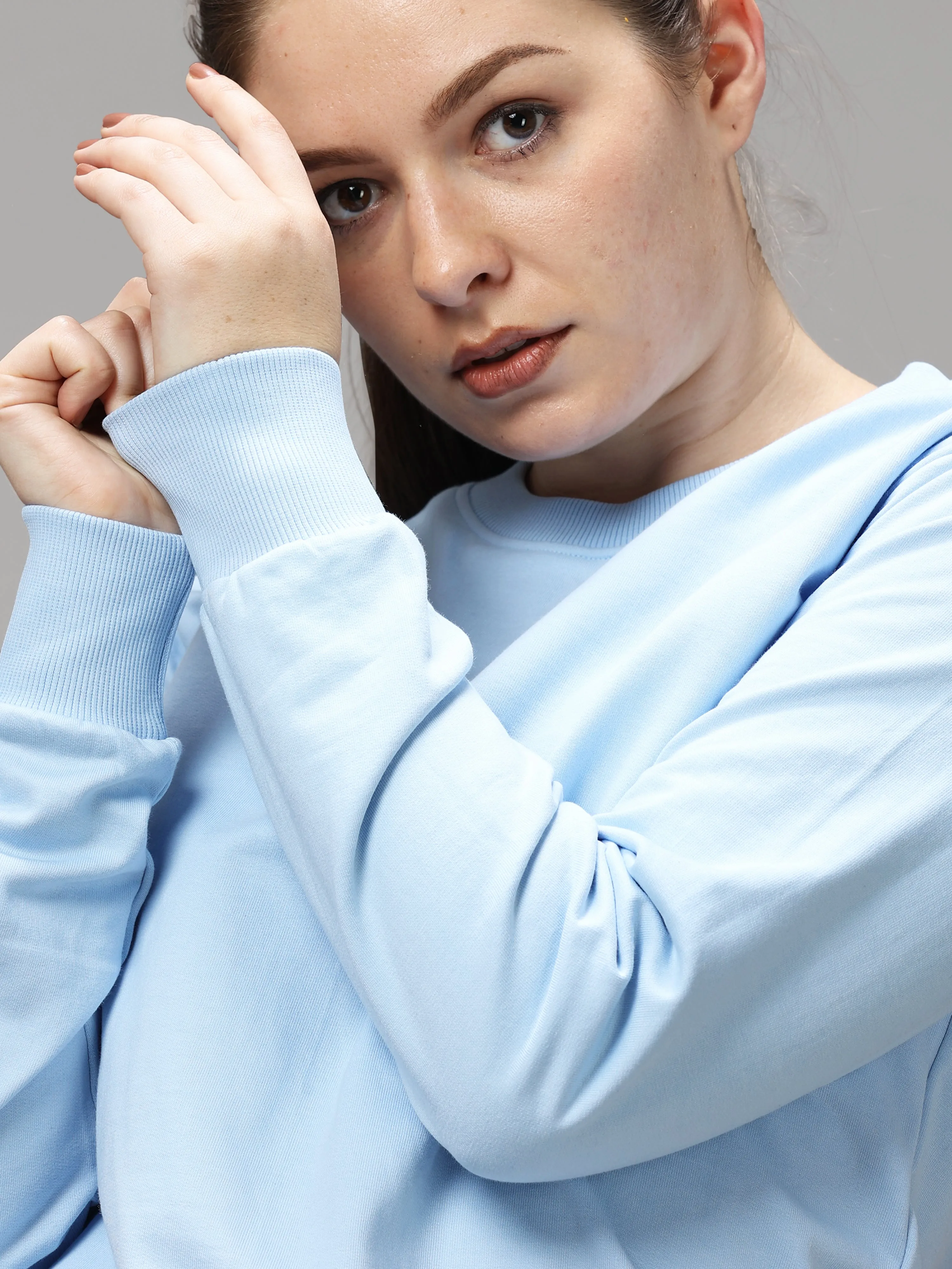 The Greenage Girl Solid Long Sky Sweat Shirt