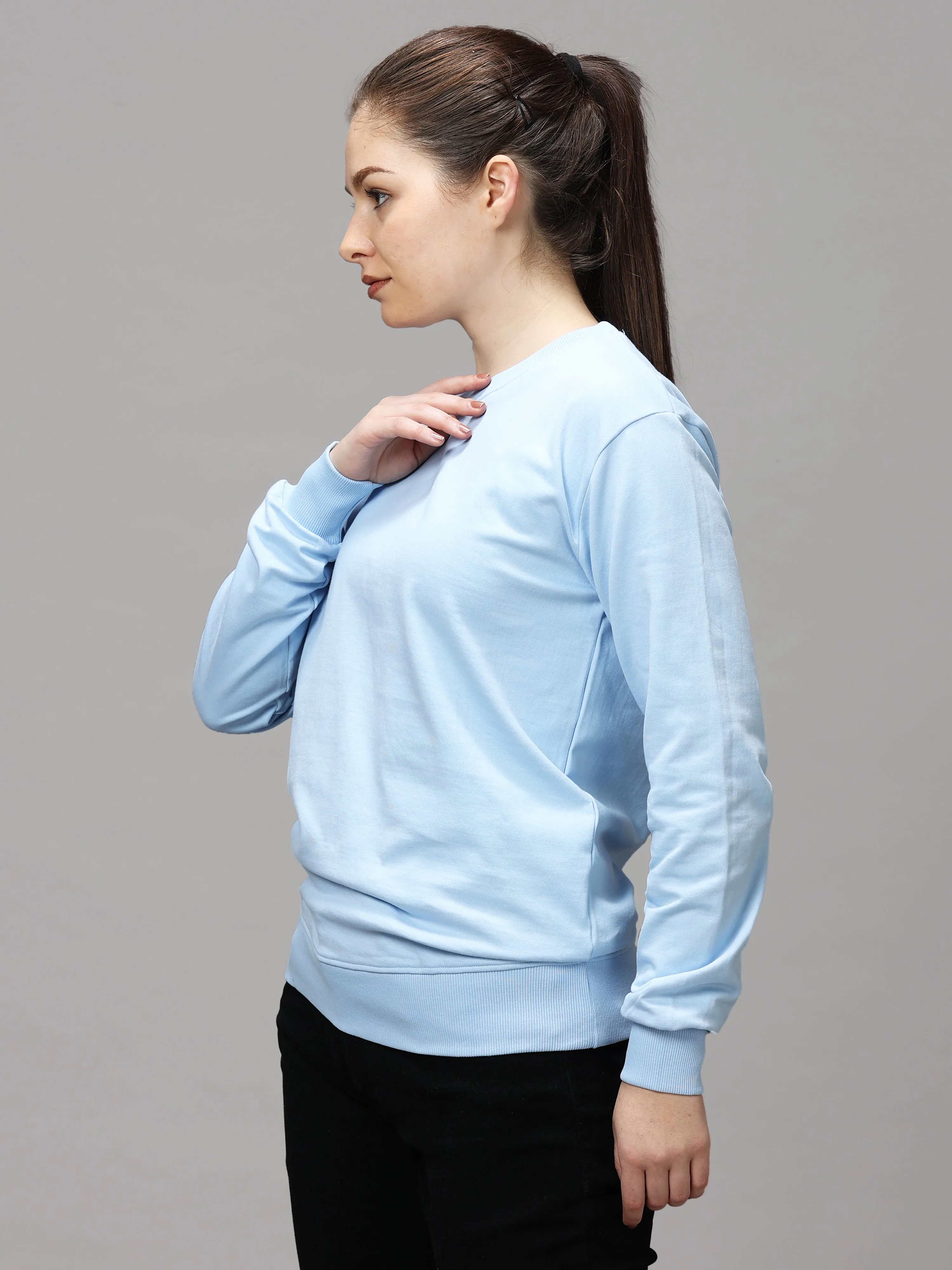 The Greenage Girl Solid Long Sky Sweat Shirt